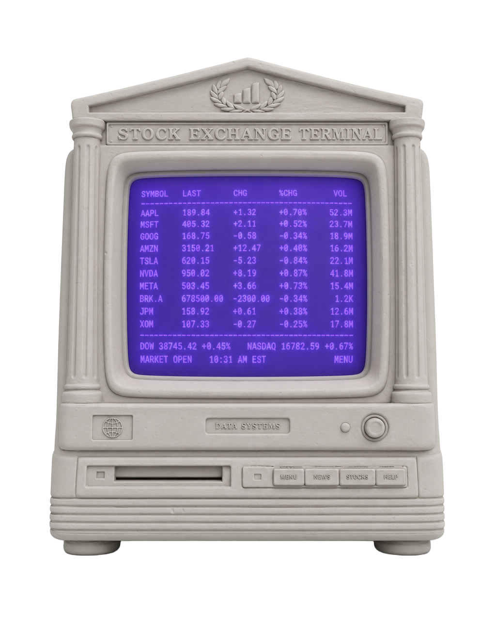 Sculpted stock exchange terminal displaying a live ticker